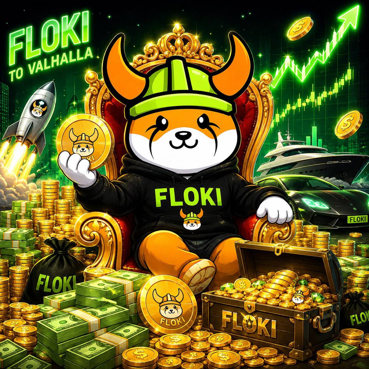 Floki on a golden throne surrounded by treasure