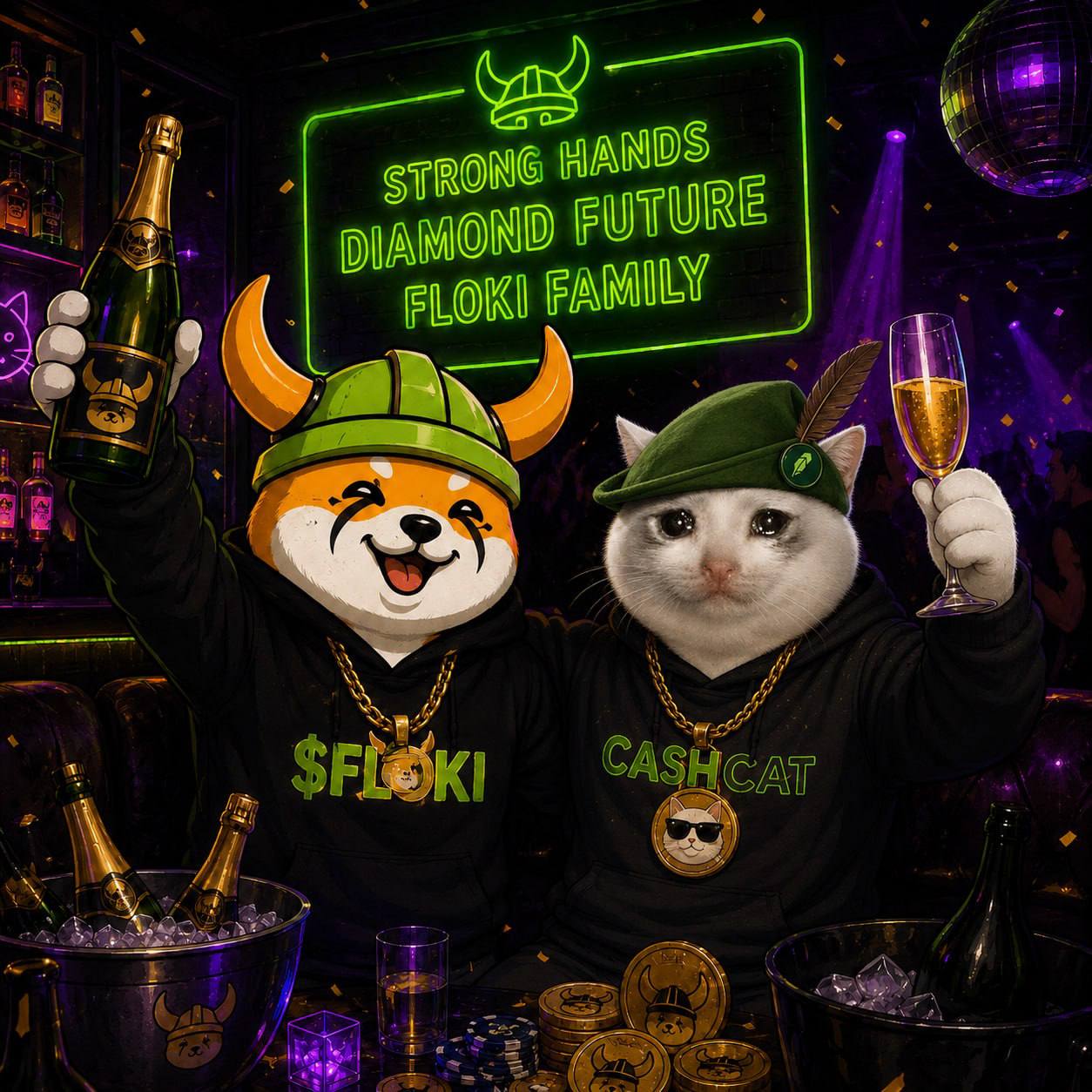 Floki and Cashcat celebrating with champagne